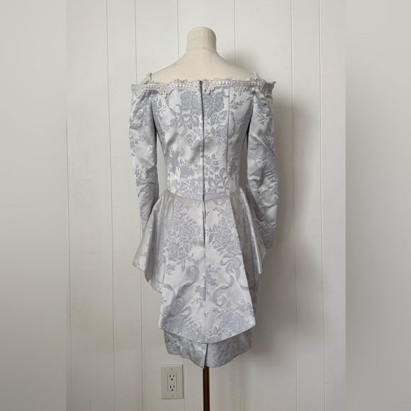 Vintage 80s Scott McClintock Jacquard Ice Blue Victorian Peplum Dress Sz 6 - Picture 3 of 8
